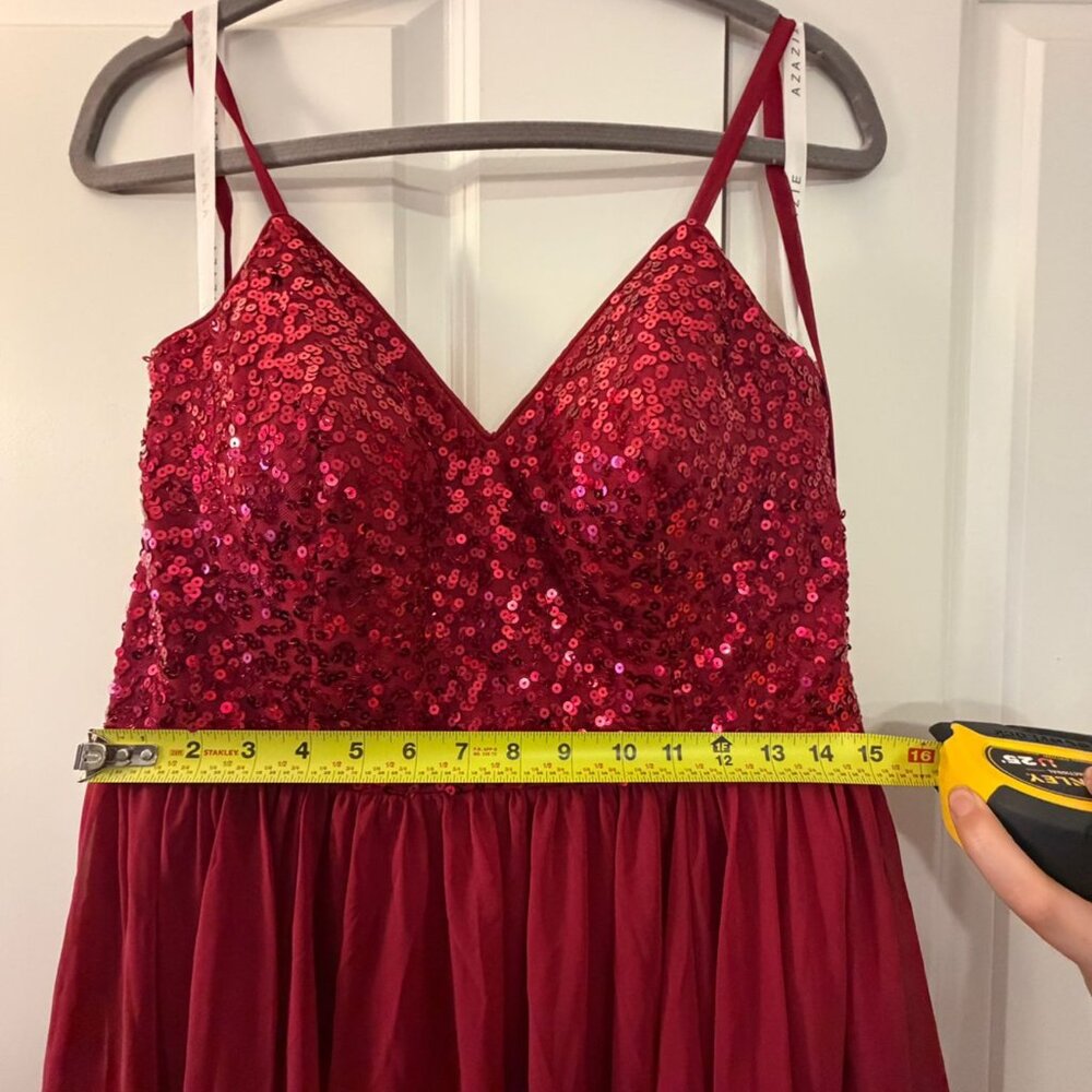 Azazie Red Sequin Bodice Formal Maxi Dress – Criss Cross Back – Size C - Picture 6 of 8